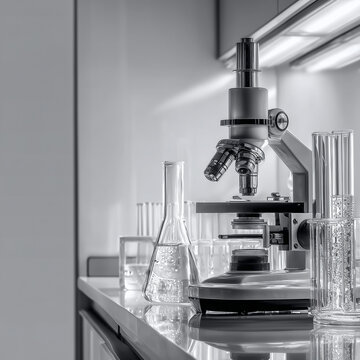 Monochrome lab setup with metallic microscope, glass erlenmeyer flask. Scientific research, pharmaceutical development, medical analysis, biotech lab & educational science visuals.