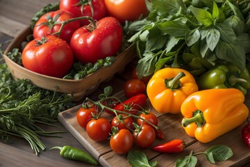 Plant based cuisine fresh vegetable Fresh vegetables including tomatoes, peppers, and herbs arranged on a wooden surface.