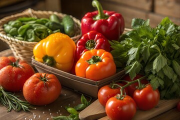 Plant based cuisine fresh vegetable Fresh vegetables including peppers, tomatoes, and herbs arranged on a wooden surface.