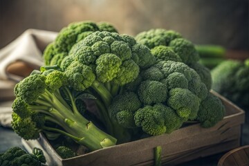 Plant based cuisine fresh vegetable Fresh broccoli arranged beautifully in a rustic wooden crate on a textured surface.