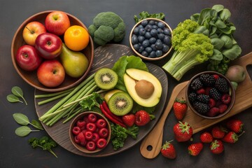 Plant based cuisine fresh vegetable Colorful assortment of fresh fruits and vegetables arranged in bowls on a dark surface.