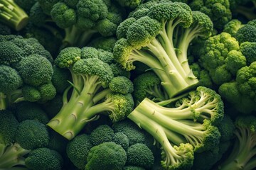 Plant based cuisine fresh vegetable Fresh broccoli heads stacked together, showcasing vibrant green color and texture.