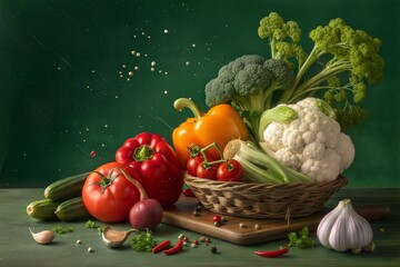 Plant based cuisine fresh vegetable Fresh vegetables in a basket with a splash effect on a green background.