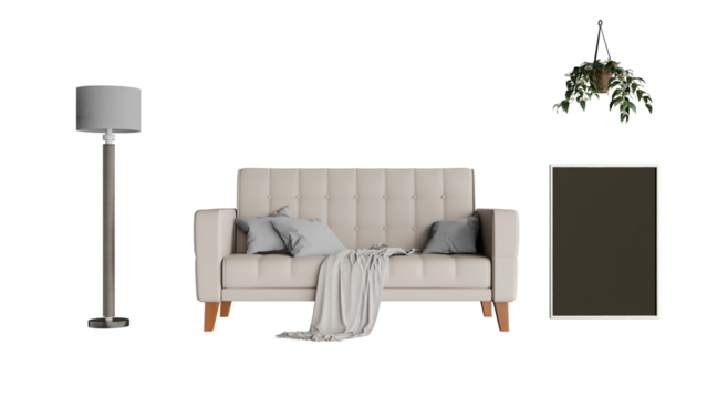 a couch  lamp  and a plant in a room