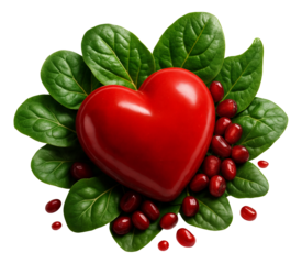 Shiny red heart surrounded by fresh green spinach leaves and red kidney beans on transparent background.