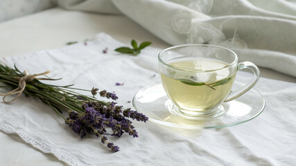 Minimalist composition in the top right corner on a white background: a transparent glass cup of mint tea with gentle steam rising, next to a delicate sprig of lavender. All placed on 