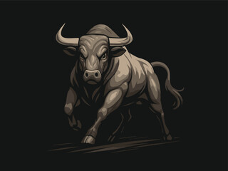 Muscular Bull in Charging Pose on Black Background