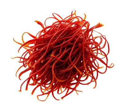 A tangled cluster of thin, red, glossy candy strings arranged in a chaotic bundle on transparent background.