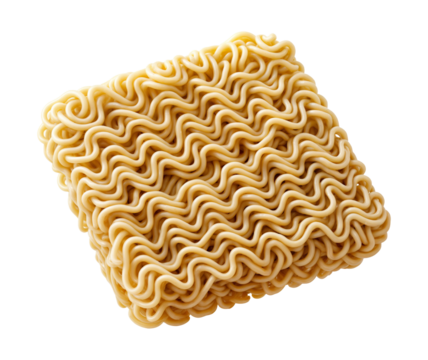 Close-up of uncooked instant ramen noodles stacked in a rectangular shape on transparent background.