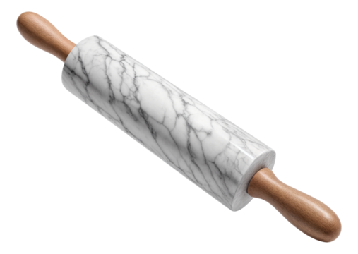 Elegant marble rolling pin with wooden handles, showcasing a smooth finish and natural grain pattern, on transparent background.