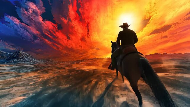 Lone Cowboy Rides Towards Fiery Sunset Over Snow-Covered Desert Landscape
