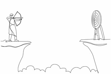 Single continuous line drawing Arab businessman standing on cliff with archer in hand. Business target goals. Man forced to successful. Shooting target with bow, arrow. One line graphic design vector