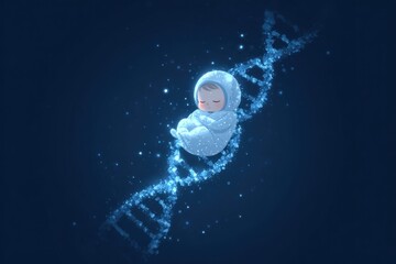 Futuristic concept of a newborn lying on a glowing DNA strand. Symbol of genetics, biotechnology, and the origin of life.