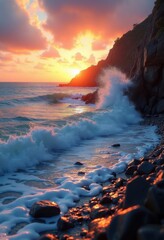 Fototapeta premium dynamic waves crashing rocky shoreline coastal landscape dramatic ocean foam tide natural beauty, sea, surf, beach, rocks, current, water, motion, nature