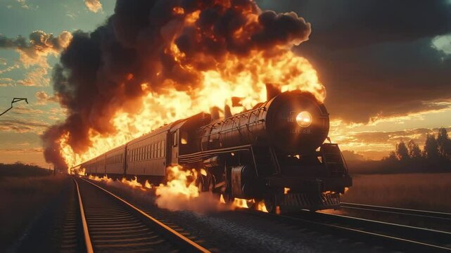 A powerful steam train is completely ablaze, racing along railway tracks under a dramatic sunset sky. Massive flames and thick black smoke dominate the scene, creating a sense of urgency and disaster.