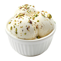 White Ceramic Bowl with Scoops of Vanilla Ice Cream Topped with Chopped Pistachios