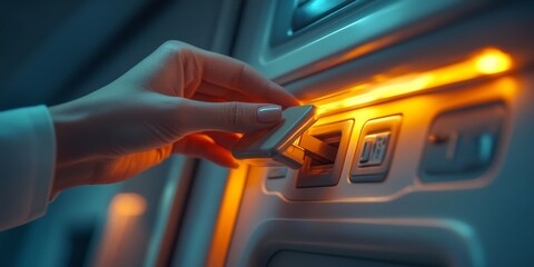 Fototapeta premium Businesswoman inserting credit card into in flight entertainment system