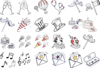 Editable Stroke Outline Icons Set – Exclusive Benefits, Prizes, Cake, Joker, Envelop, Mustache, Incentives, and Rewards – Flat Vector Illustration on White Background