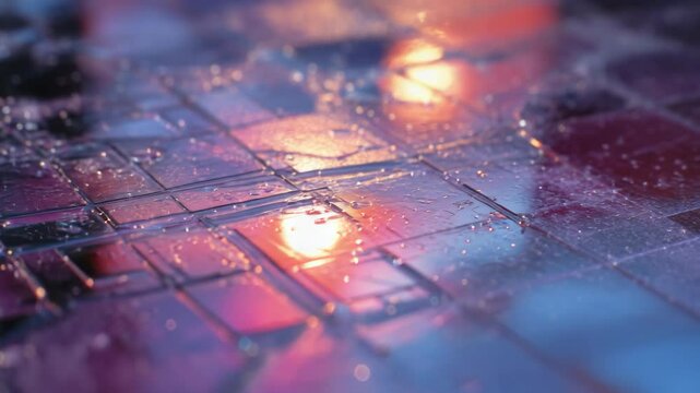 Luminescent urban surface transforming through city lights, reflecting vibrant colors and creating mesmerizing patterns during sunset's transitional moment