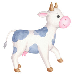 Cute watercolor cow illustration with blue spots