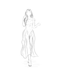 beautiful woman sketch, with beautiful dress, long hair, walking on white background