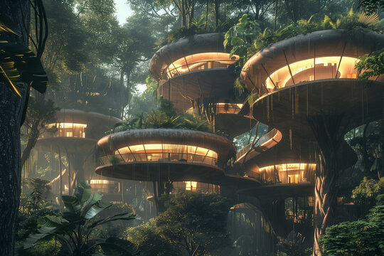 Eco-friendly treehouse village suspended in rainforest canopy, blending futuristic architecture with lush green nature.