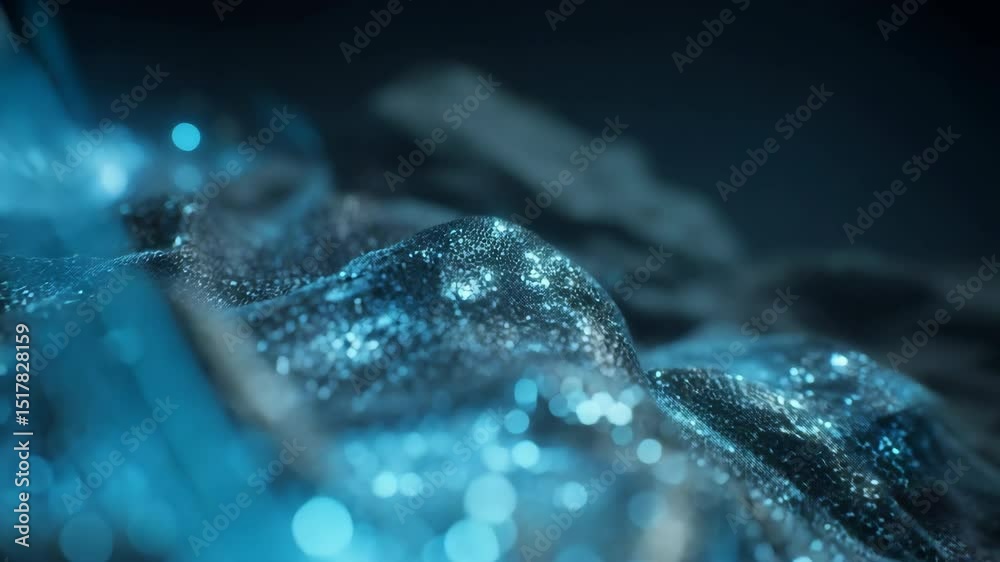 Poster light streams illuminate a dark, undulating landscape covered in sparkling particles, creating a mes