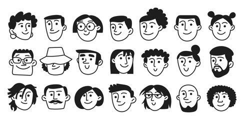 Vector set of happy people diversity avatars in doodle style. Portraits of men, women. Simple line, head, outline. Modern illustration isolated