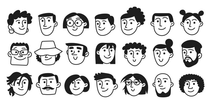 Vector set of happy people diversity avatars in doodle style. Portraits of men, women. Simple line, head, outline. Modern illustration isolated