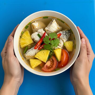 hands holding A bowl of canh chua (sour soup) with fish, pineapple, tomatoes, and tamarind broth, garnished with cilantro, 
