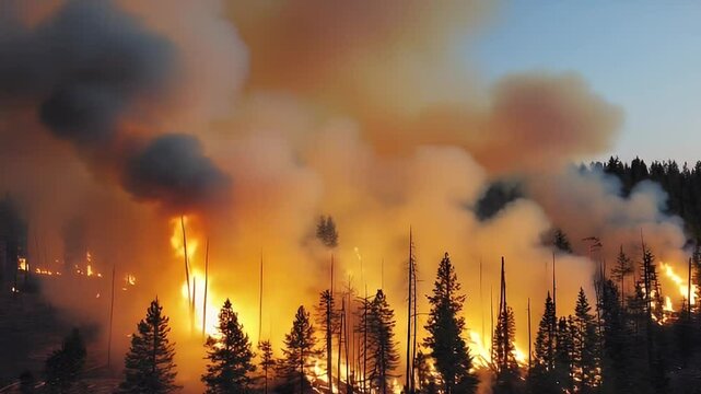 Forest Fire Spreading Rapidly Among Pine Trees with Thick Smoke and Flames Reaching the Sky