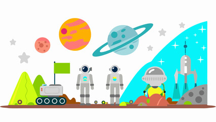 Two brave astronauts exploring a vibrant alien planet after landing on an exciting space mission with simple cartoon
