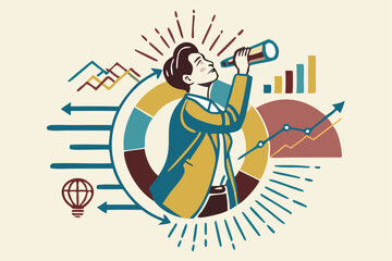 Business Data Analysis and Financial Report Rating speed meter Vector Illustration – Teamwork with Graphs, Charts, and Analytics Dashboard for Market Research and Strategy.