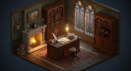 Isometric Illustration of a Victorian Writer's Study with Fireplace and Quill