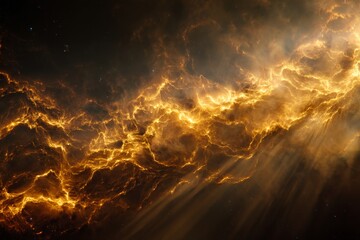 Obraz premium Golden Nebula with Light Rays in Dark Space