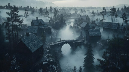 Misty Village Scene with Old Stone Bridge