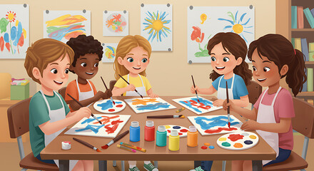 Happy Kids Painting Together in Art Class Colorful Creativity and Fun
