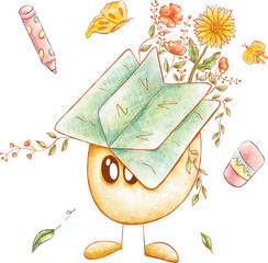 Cute hand drawn potato head, head covered with books, flowers and leaves, butterflies, pencils, erasers, no background, watercolors