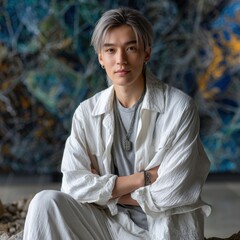 Fototapeta premium A young man in a white shirt and pants sits in front of a blue