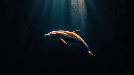 Underwater Profile of a Dolphin Swimming Calmly in Dark Blue Water
