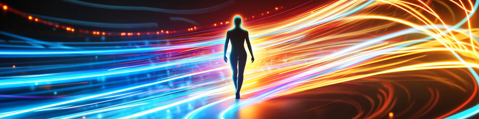 Abstract human figure stepping into a holographic world, neon light trails symbolizing progress, leadership in 2030.