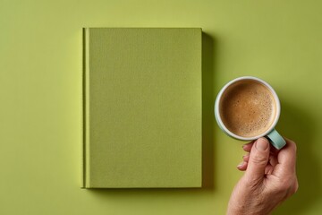 Green book and cup of coffee on matching background