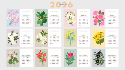12-month calendar for 2026. Set of 12 months with floral arrangements. Vector calendar template for 2026.