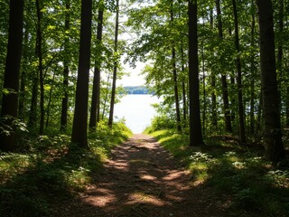 Fototapeta premium Forest trail leading to tranquil lake view