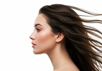 Profile portrait of a woman with flowing hair