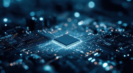 A central processing unit glows brightly, surrounded by intricate circuitry on a dark blue motherboard.  Glowing lines connect to the CPU, suggesting high tech and data flow