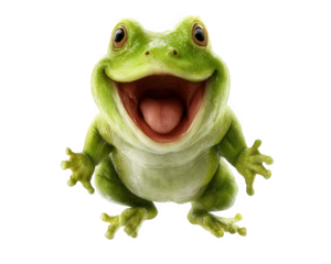 Joyful frog with wide smile and bright green skin, showcasing cartoonish features and exaggerated expressions. This cheerful amphibian appears lively and playful, ready to leap into action