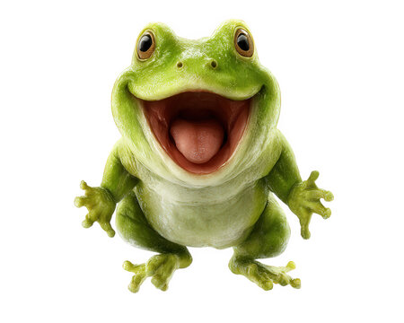 Joyful frog with wide smile and bright green skin, showcasing cartoonish features and exaggerated expressions. This cheerful amphibian appears lively and playful, ready to leap into action
