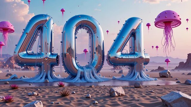 3D numbers forming "404" made of water and surreal elements on white surface with clouds and dreamy sky. Concept of digital error with fantasy twist