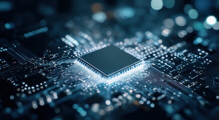 A glowing microprocessor is centrally positioned on a dark circuit board, surrounded by intricate circuitry and a bokeh background